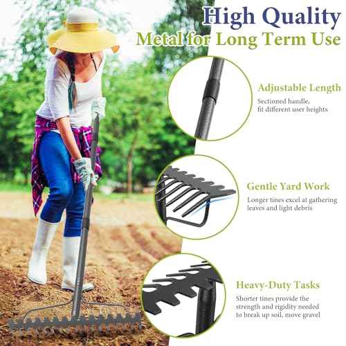 Adjustable Bow Rake Heavy Duty, Dual-Sided Steel Garden Rake Tool for Gathering Leaves, Pine Straw, Thatching, Breaking Up Soil, Leveling Gravel