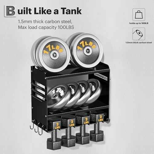 Power Tool Organizer Wall Mount, 15 Min Fast Assembly & Maximum 100lb load by Heavy Duty Metal, 4 Slots for Cordless Drill, Garage Storage Shelf with Hooks, Father/Men/Husband Birthday Gift