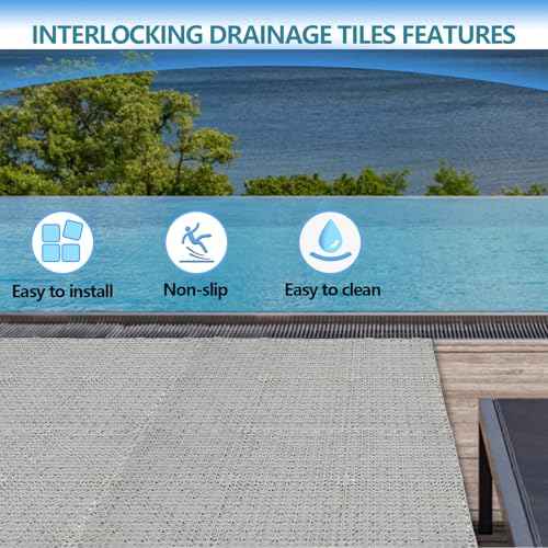 12inx12in Interlocking Drainage Tiles, Premium PVC Non-Slip Floor Mats with Quick-Drain Design for Bathroom, Kitchen, Swimming Pool, Garden,(12 Packs Grey)