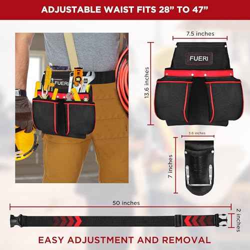 FUERI Cordura Tool Pouch with Belt Clip Hammer Hoslters 11 Pocket Pouches for Tool Belt Construction Carpenters Electrician Men Women Workers