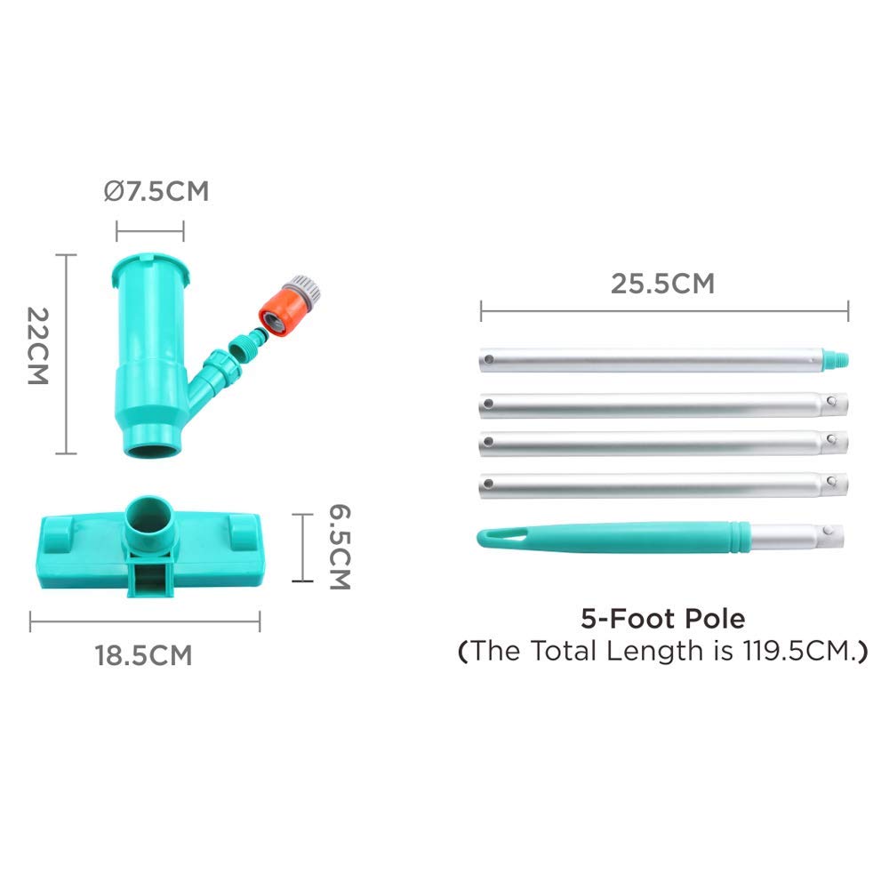 POOLWHALE Portable Pool Vacuum Jet Underwater Cleaner W/Brush,Bag,6 Section Pole of 56.5"(No Garden Hose Included),for Above Ground Pool,Spas,Ponds & Fountains