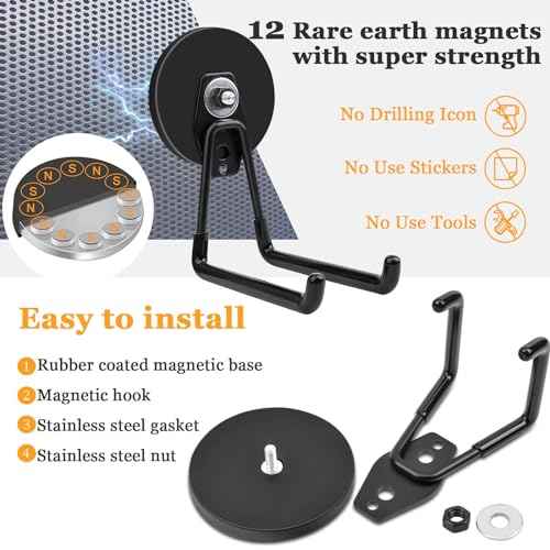 MIN CI 2 Pack Magnetic Hooks, 3.46" (88 mm) Large Magnetic Hooks Heavy Duty, Garage Manget with Hooks for Cordless Drills Hanging, Metal Cabinets, Tool Hooks for Hammer Drill,Garden Tool, Black