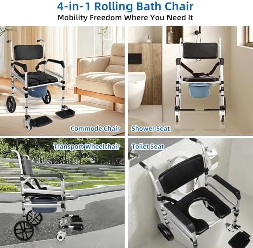 TooCust Heavy-Duty Rolling Shower Chair with 10" Solid Wheels, Shower Chair with Wheels for Elderly and Disabled, 350lbs Capacity Shower Wheelchair, 4-in-1 Commode Chair, Safety Straps, Water-Resistan