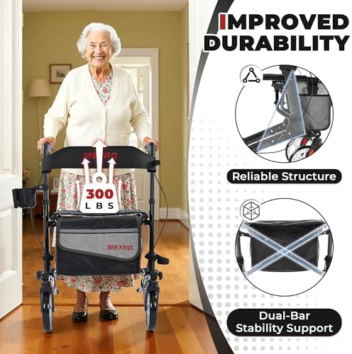 Metro Mobility Rollator Walker with Seat for Seniors, Foldable Lightweight Rolling Walker, 8" Big Wheels for All Terrain, 300 lb. Weight Capacity, Black