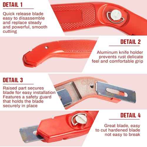 Lasnten 4 Pieces 12 Blades Knife for Cutting Carpet Heavy Duty Carpet Knife with 6 Blades Utility Tools for Box Cutter Roofing Purpose, Aluminum (Red)