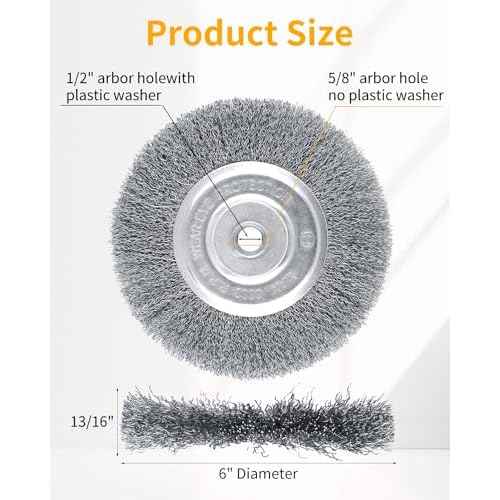 Wire Brush for Grinder - 6 Inch Fine Crimped Wire Wheel for Bench Grinder with 1/2" and 5/8" Arbor, Efficiently Polish Nuts, Bolts and Assorted Car Parts.