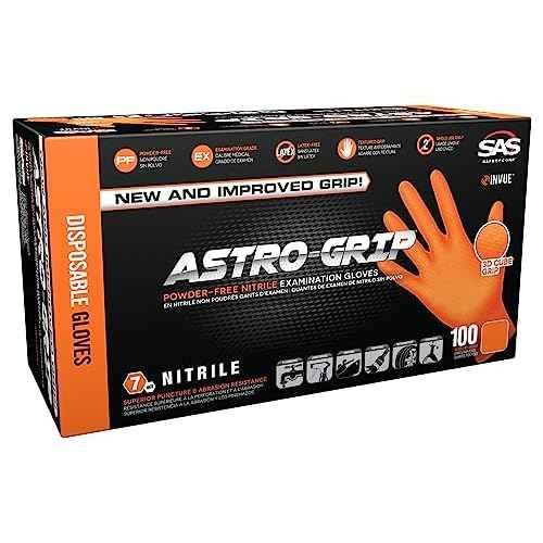 SAS Safety Astro-Grip Powder-Free Exam Grade Nitrile Disposable Gloves. Size 2X-Large, Orange, 7 mil Thickness. Chemical and Puncture Resistant. Single-Use. Pack of 100. (66475)