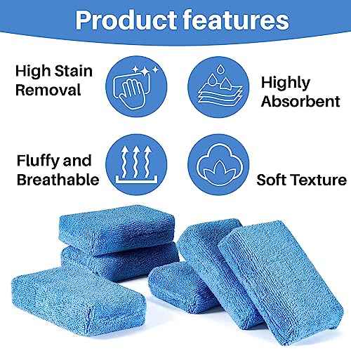 Sukh 6 Pack Microfiber Rectangle Sponge Detailing Pads - Microfiber Wax Foam Applicator Pads for Car Wax Applicator Pad 4.72x3.15 inch Blue
