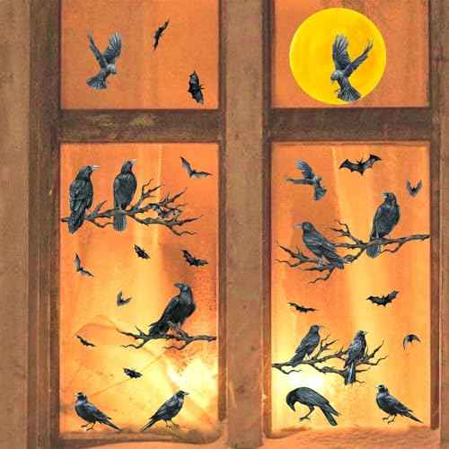 Halloween Crow Wall Decals Black Raven Tree Branches Decals Moon Bat Crow Window Stickers Moon Tree Branch Gothic Halloween Wall Stickers Raven Crows Wall Window Decorations