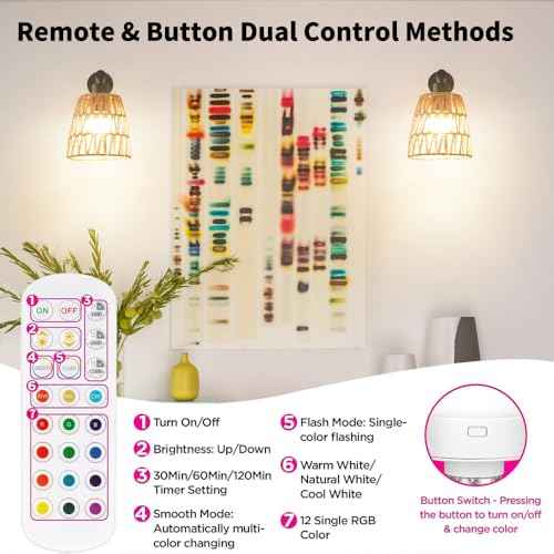 Boho Battery Operated Wall Sconces, Rattan Wall Sconce Set of 2 with Remote, RGB 15 Colors Dimmable Rechargeable Wall Light, Black Indoor Wireless Wall Lamp, Farmhouse Rattan Wall Lighting for Bedroom
