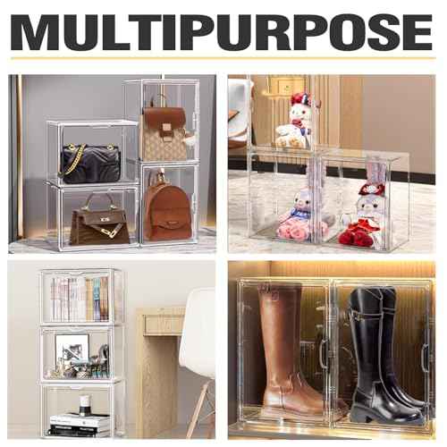 1 Pcs Super Large Acrylic Display Case Purse Handbag Storage Organizer for Closet Clear Stackable Bag Boot Shoe Boxes with Magnetic Door