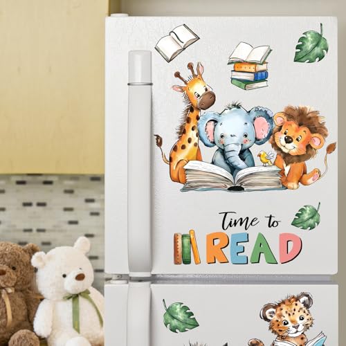 Mfault Time to Read Animal Book Wall Decals Stickers, Educational Elephant Lion Giraffe Nursery Decorations Classroom Bedroom Art, Zebra Leopard Plant Neutral Toddler Kids Reading Corner School Decor