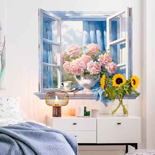 Fake Window Wall Decals - Peel and Stick Flower & Butterflies Vinyl Wall Sticker Murals for Living Room Bedroom Office Wall Decor 20.47"x22.44"