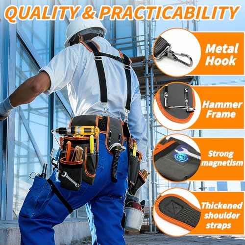 JUSTHERE Tool Belt, Professional Tool Belts for Men, 32''-60'' Size Adjustable Magnetic Tool Pouch With Suspenders & Multiple Pockets, Detachable Utility Belt Work Bags for Electrician, Carpenter