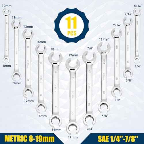 12-Point Flare Nut Wrench Set Metric & SAE, 8mm-19mm & 1/4"-7/8", 11PCS Offset Line Wrench Set for Brake, Fuel and Tubing, CR-V Steel, Double Open End with Organizer Pouch for Removing Nuts