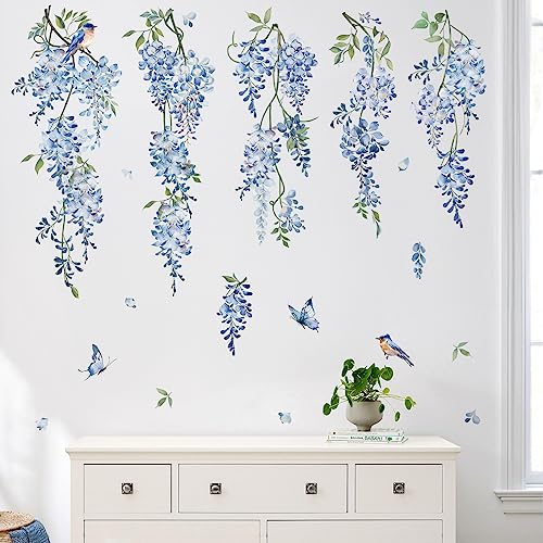 decalmile Hanging Flower Vine Wall Decal Blue Wisteria Floral Vines Wall Stickers Living Room Bedroom Sofa TV Background Wall Decor
