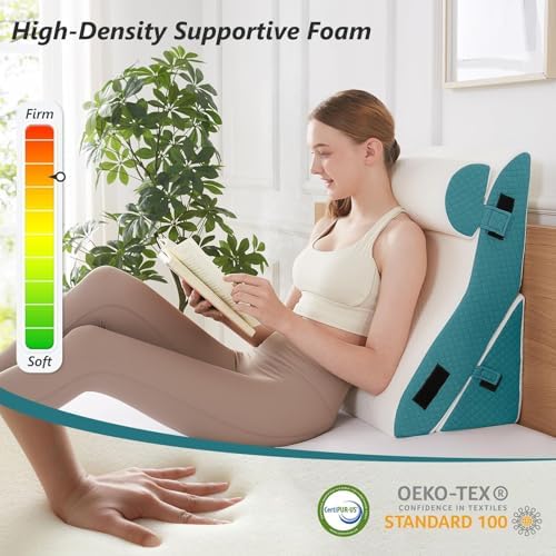 Bed Wedge Pillow Set for Sleeping 3 PCS - 22.5" Wide Triangle Pillow for Back Leg Pain Relief with Washable Cover - 35D Foam Wedge Pillow Post Surgery for Acid Reflux & Snoring (White Blue)