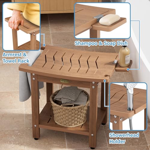 YEFU Shower Chair for Inside Shower: 21 Inch Oversized Waterproof/No Maintenance - Teak Shower Stool with Shelf & Handle 400 LBS - Bathrooms/Outdoor - Non-Slip Easy Assemble Bench for Adult/Elderly