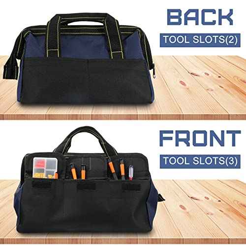 Cunno 2 Pcs Tool Bag with Waterproof Strong Molded Base Multi Pockets Wide Mouth Tool Tote Multifunctional Tool Bag Organizer Large Capacity Heavy Duty Tool Storage Bag(Blue,18 Inch, 13 Inch)