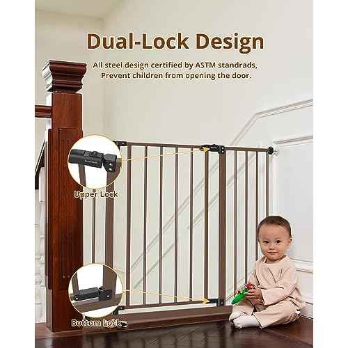 InnoTruth 28.9-42.1" Baby Gate with Door for Dogs, 30" Tall Pressure Mounted Dog Gates for The House Expandable One-Hand Open, Easy Step Walk Through Dual Lock Durable Metal Safety Pet Gates, Brown