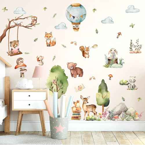 Woodland Animal Wall Stickers Jungle Forest Animal Wall Decals Cartoon Animals Wall Decals Peel and Stick Cute Balloon Cloud Tree Animals Wall Stickers for Nursery Kids Room Playroom Decor