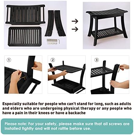 VVW Bamboo Shower Bench & Stool with Storage Shelf, Bath Benches for Inside Shower, Bathroom Stools 2-Tier Spa Seat for Adults Elderly (Black)
