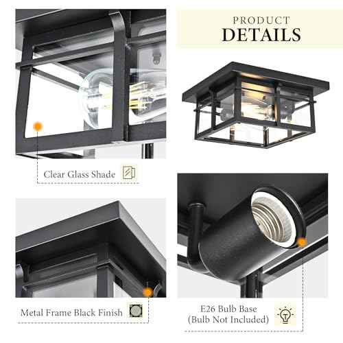Farmhouse Ceiling Light Fixture Black 2-Light with Clear Glass, Square Flush Mount Ceiling Light for Hallway Kitchen Bedroom Porch