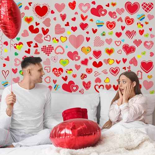 Capoda 196 Pcs Valentine's Day Wall Decals Removable Love Heart Wall Stickers Red Heart Window Stickers Wedding Anniversary Romantic Love Decoration Party Decor for Holiday Living Room Art Decor Home