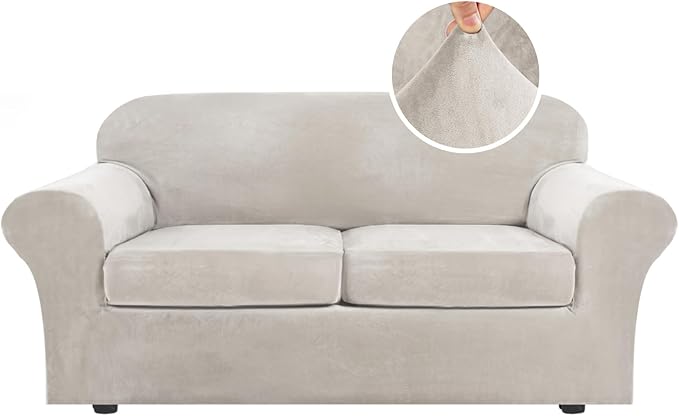 H.VERSAILTEX Real Velvet Plush 3 Piece Stretch Sofa Covers Couch Covers for 2 Cushion Couch Sofa Slipcovers Width Up to 90 Inch Thick Soft Stay in Place (Large Sofa, Oatmeal)