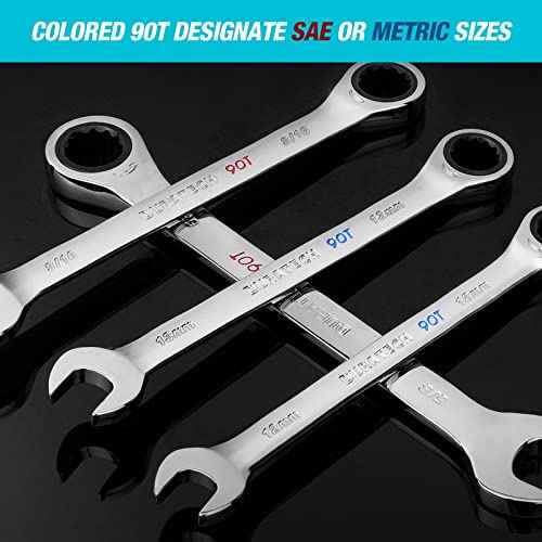 DURATECH 90-Tooth Ratcheting Wrench Set, Combination Wrench Set, 8-Piece, Metric, 8, 10, 12, 13, 14, 15, 17, 19mm, CR-V Steel, Organized in Wrench Rack