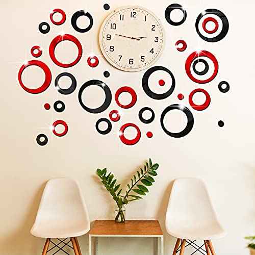 Outus 72 Piece Acrylic Circle Mirror Removable Round Dots Mirror Wall Decals Murals for Home Living Room Bedroom Decor (Red, Black)