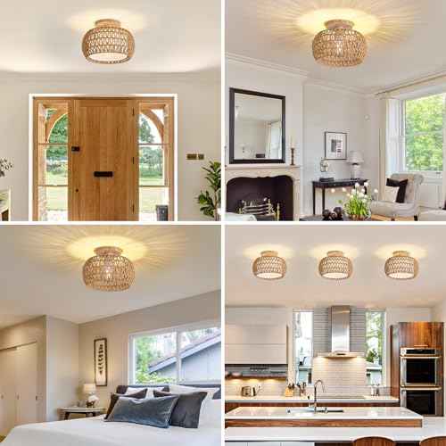 Rattan Ceiling Light Fixture£¬3 Style Options Boho Flush Mount Ceiling Lights, Hand-Woven Rattan Chandelier,Mini Bohemian Wicker Light Fixtures, Farmhouse Light Fixture for Bedroom Hallway Entryway