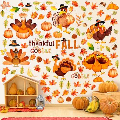 100 Pcs 6 Sheets Thanksgiving Turkey Wall Sticker Decorations Maple Leaves Fall Wall Stickers for Fall Thanksgiving Birthday Party Autumn Leaves Window Decal Home Window Decorations