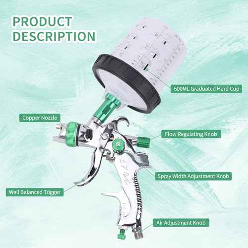 HVLP Spray Gun With 10Pcs 600ML Disposable Paint Cups, Automotive Gravity Feed Spray Gun Kit With 4 Nozzles,1.4/1.7/2.0/2.5mm, Sprayer Gun with Air Compressor Regulator for Auto Paint (Green)