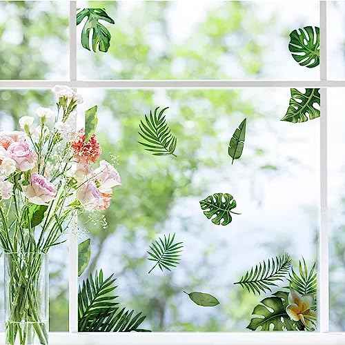 CRASPIRE 8 Sheets Green Leaf Window Stickers Tropical Leaves PVC Waterproof Self Adhesive Summer Wall Decals Natural Palm Plant Rectangle Removable for Stairway Home Decoration TV Wall Art