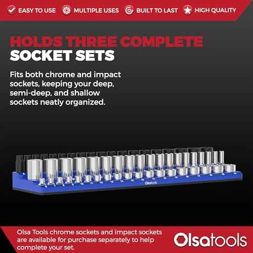 Olsa Tools Magnetic Socket Organizer (3/8-Inch Drive, 3 Row) - Magnetic Tool Organizer & Socket Holder - Tool Box Socket Organizers - Metric Blue - Holds 54 Sockets - Professional Grade - Part: 1556