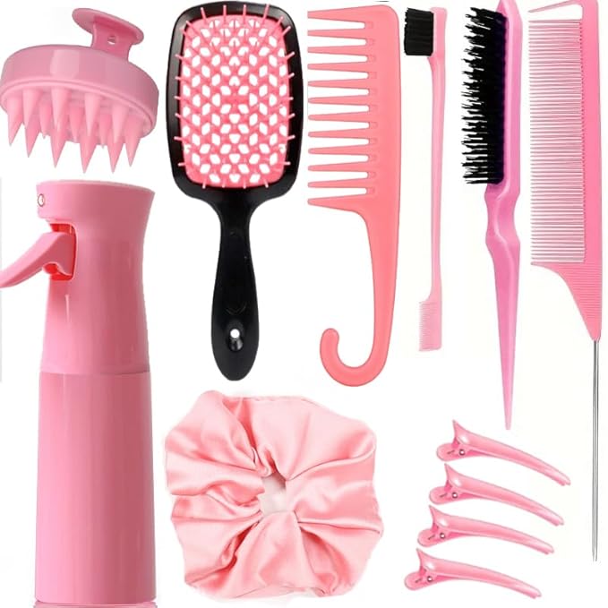 12 Pcs Hair Brush Set with Hair Spray Bottle for Toddlers, Women, Detangling Brush for Wet Dry Curly Hair, Edge Bristles Wide Tooth Rat Tail Combs for Baby Girls (pink)