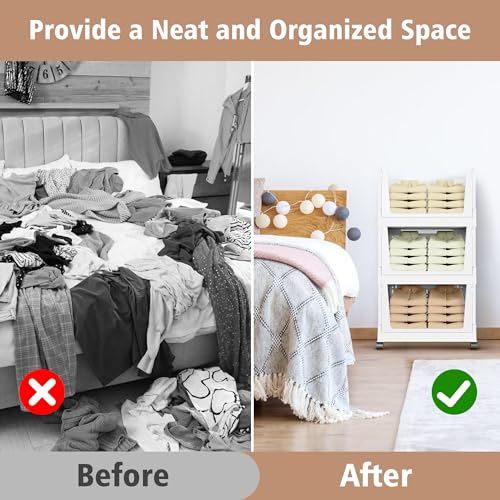 Stackable Storage Bins, Folding Collapsible Closet Organizers and Storage Bins Box, Plastic Shelves Drawer Organizer Container for Closet Office Bedroom Kitchen Bathroom with Wheels, White, 3 Pack