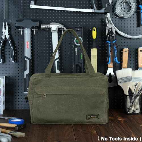 16OZ Waxed Canvas Tool Storage Bag, Heavy Duty Hand Tools Organizer with Hidden Zipper Pocket & 4 Internal Slots & Carrying Handle | Army Green | Multi-Purpose Tool Bag for Mechanic Electrics - S
