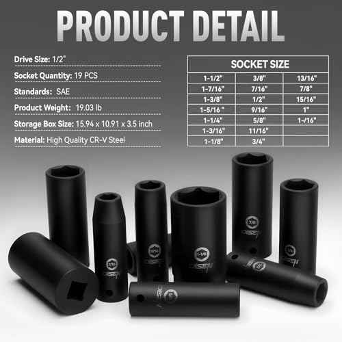 DISEN 19 Pcs 1/2" SAE Impact Socket Set, Deep Sockets 3/8"- 1-1/2", 6-Point Cr-V & Alloy Steel, 1/2 Inches Drive Impact Socket Set,Rugged Construction, Enhanced Storage Case