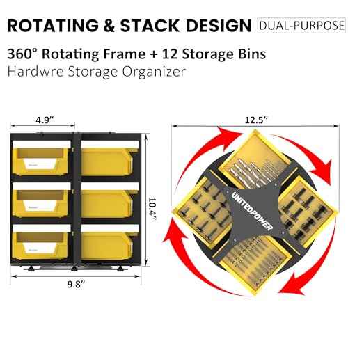 UNITEDPOWER Rotating Storage Bins, Tool Organizer, Hardware Crafts, Small Parts, Nuts and Bolts, Revolving 12 Bins Storage for Workshop, Shed, Garage, Home