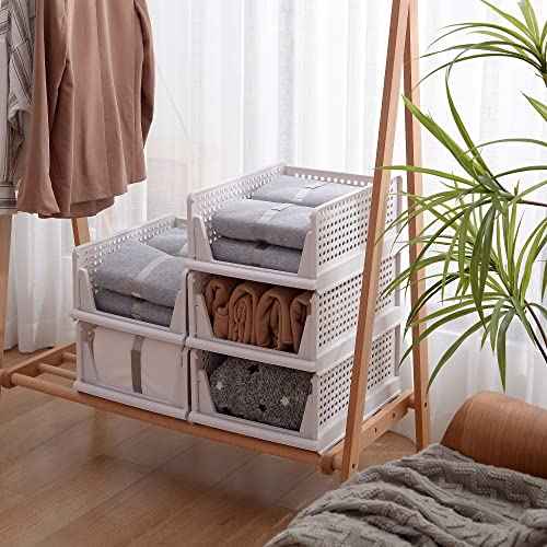 Stackable Plastic Storage Basket-Foldable Closet Organizers and Storage Bins - Drawer Shelf Storage Container for Wardrobe Cupboard Kitchen Bathroom Office (White Small-4 Pack)