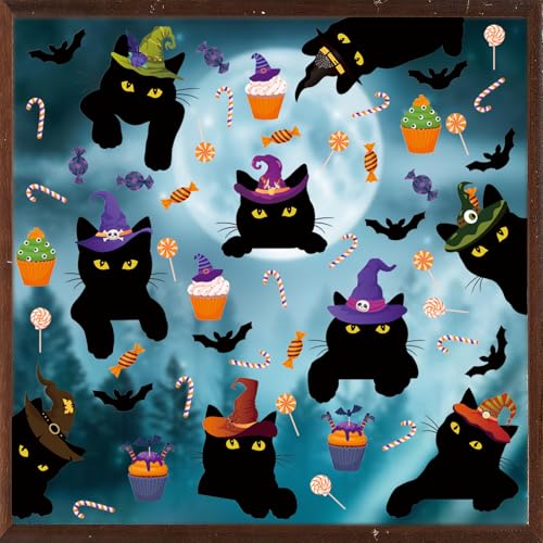 Halloween Window Decorations,Black Cat Halloween Window Clings,Pumpkin Black Cat Theme Wall Stickers,Haunted House Decor,All Hallows' Day Bat Candy Dessert Wall Decals for Home Room Kitchen
