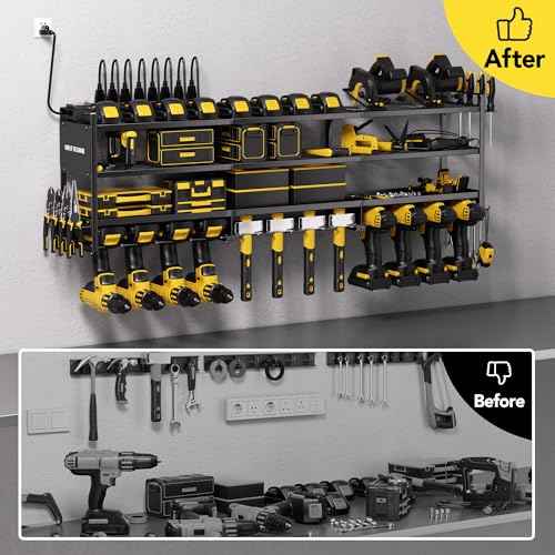 Power Tool Organizer Wall Mount with Charging Station, Cordless Tool Organizer, 12 Drill Holders 4-Tier Heavy Duty Drill Rack with 8-Outlet Power Strip, Garage Gift for Men