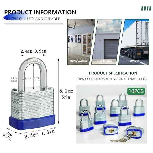 Laminated Steel Padlock with Same Keys for Gym Locker Toolbox Shed Storage, keyed Alike, Normal Shackle, Pack of 10(1.3")