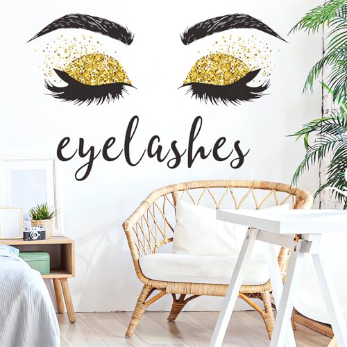 Golden Eyelash Eyes Wall Stickers, sacinora Inspirational Quotes Wall Decals Removable Vinyl Peel and Stick for Women Girl Kids Living Room Bedroom Art Home Decorations