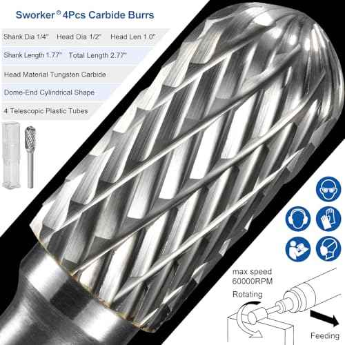 4Pcs 1/4 Carbide Burr Set 1/4" Shank Head Dia 1/2" Dome-End Cylinder Die Grinder Bits Rotary Tools Attachment Kit Rasp Accessories Metal Wood Stone Steel Grinding Deburring Cutting Porting
