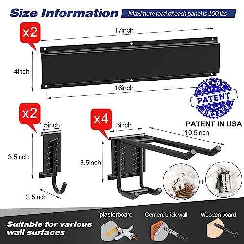 Garage Tool Storage Rack, Heavy Duty Garage Storage Organizer Rack System Wall Mounted Tool with 6 double hooks, 2 rails, Garden Yard Tools Hanger Rack for Ski Gears, Broom, Rake,Shovel