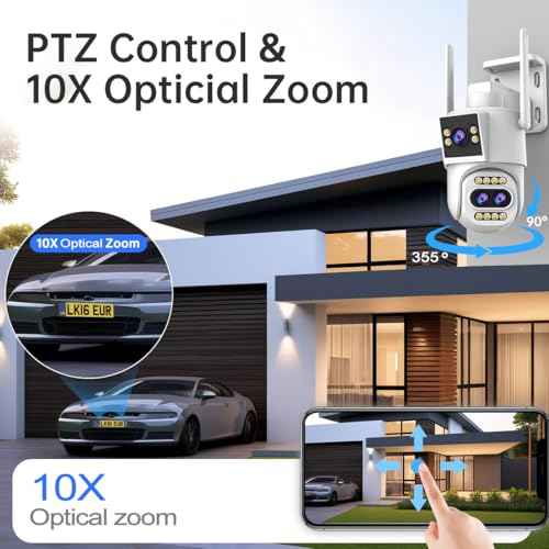 JOOAN Outdoor Security Camera 2Kx3 3Lens 2 Screen¡¼10X Optical Zoom & Auto Tracking¡½ Home Surveillance IP Cam 360¡ÆPTZ 2.4G WiFi Wired IP66 Waterproof Motion Alert,8-256G Card/Cloud Storage,Siren Alarm