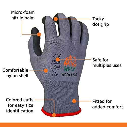 WOLF Ultra-Thin Nitrile Foam Palm Coated Glove with Tacky Dot Grip, Multi Purpose